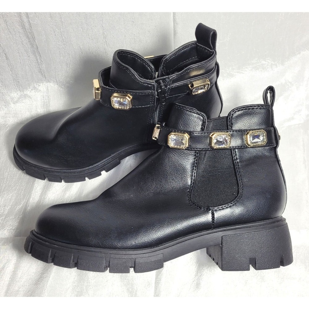 Madden NYC Women's Black Rhinestone Chain Zip Lug Sole Chelsie Ankle Boots Sz 6